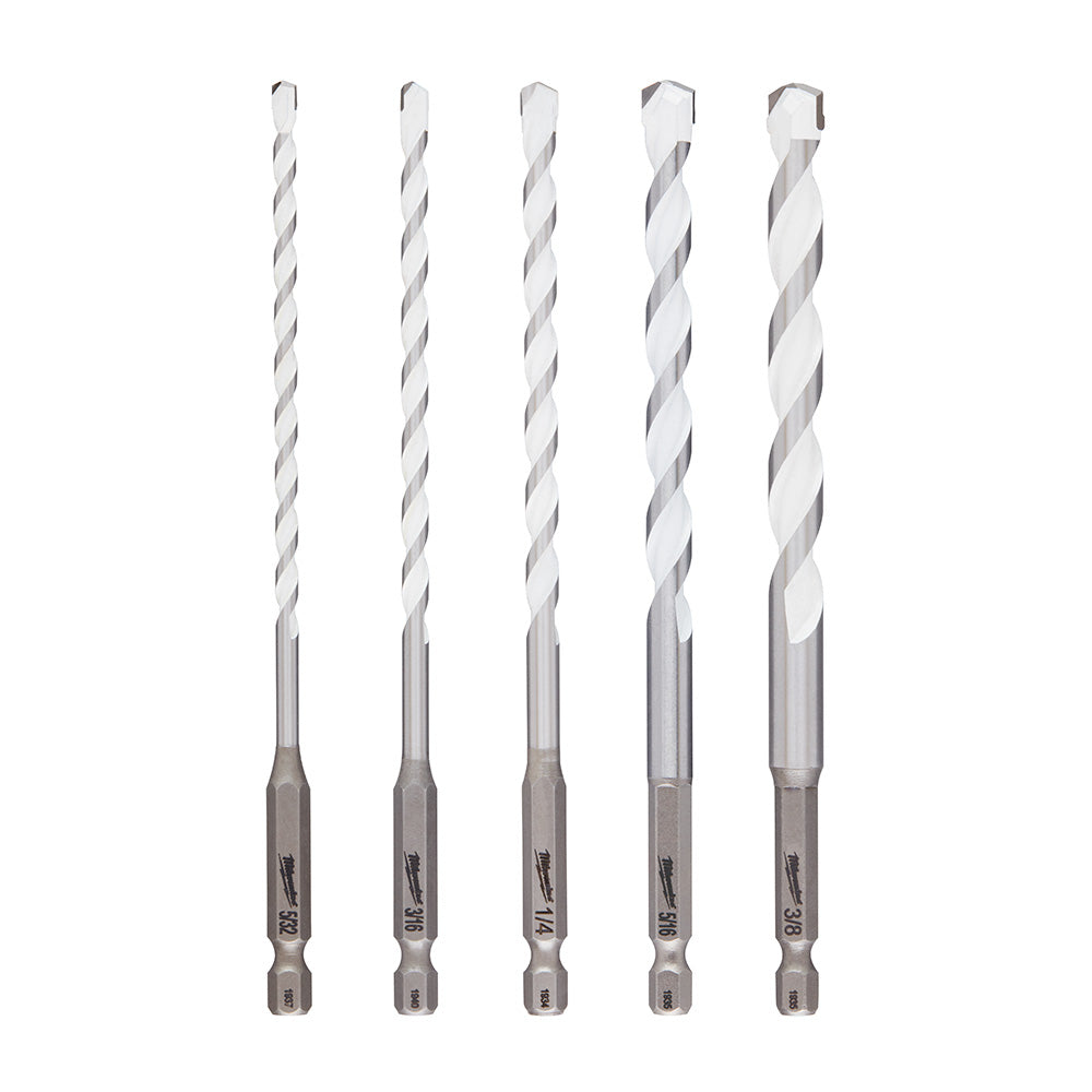 Five carbide drill bits with twist flutes and hex shanks in varying sizes, arranged in a row.