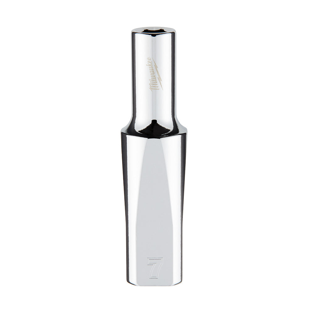 Polished chrome 3/8 in. drive deep socket with 6-point opening and 7mm marking on barrel.