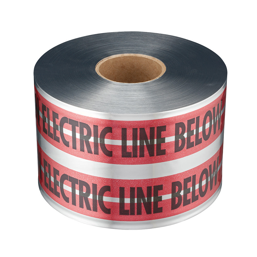 Roll of red and white detectable tape with "ELECTRIC LINE BELOW" text printed in black on alternating bands.