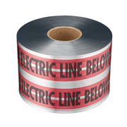 Roll of red and white detectable tape with "ELECTRIC LINE BELOW" text printed in black on alternating bands.