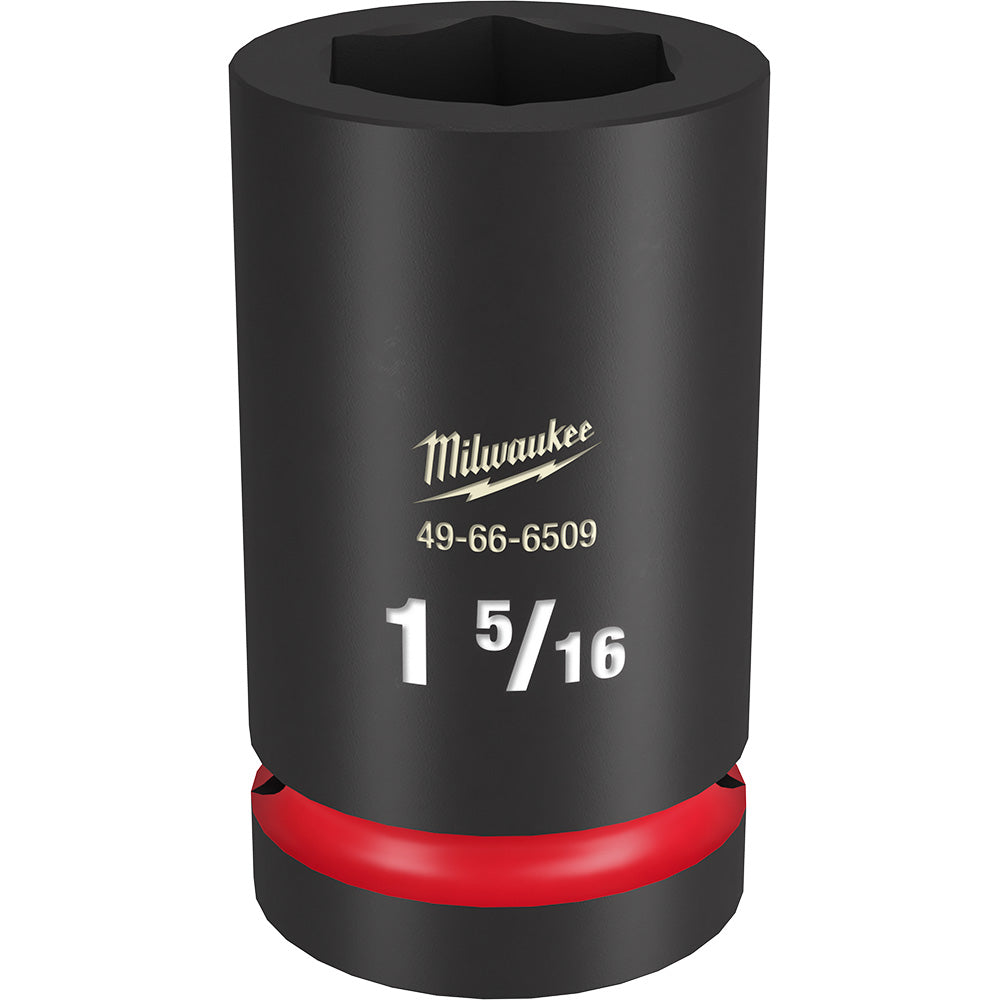 Black Milwaukee 1 5/16" deep socket with hexagonal opening and red base band for 1" drive.