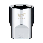 Milwaukee 1/2" drive 25mm chrome socket with model number 45-34-2025 stamped on body.