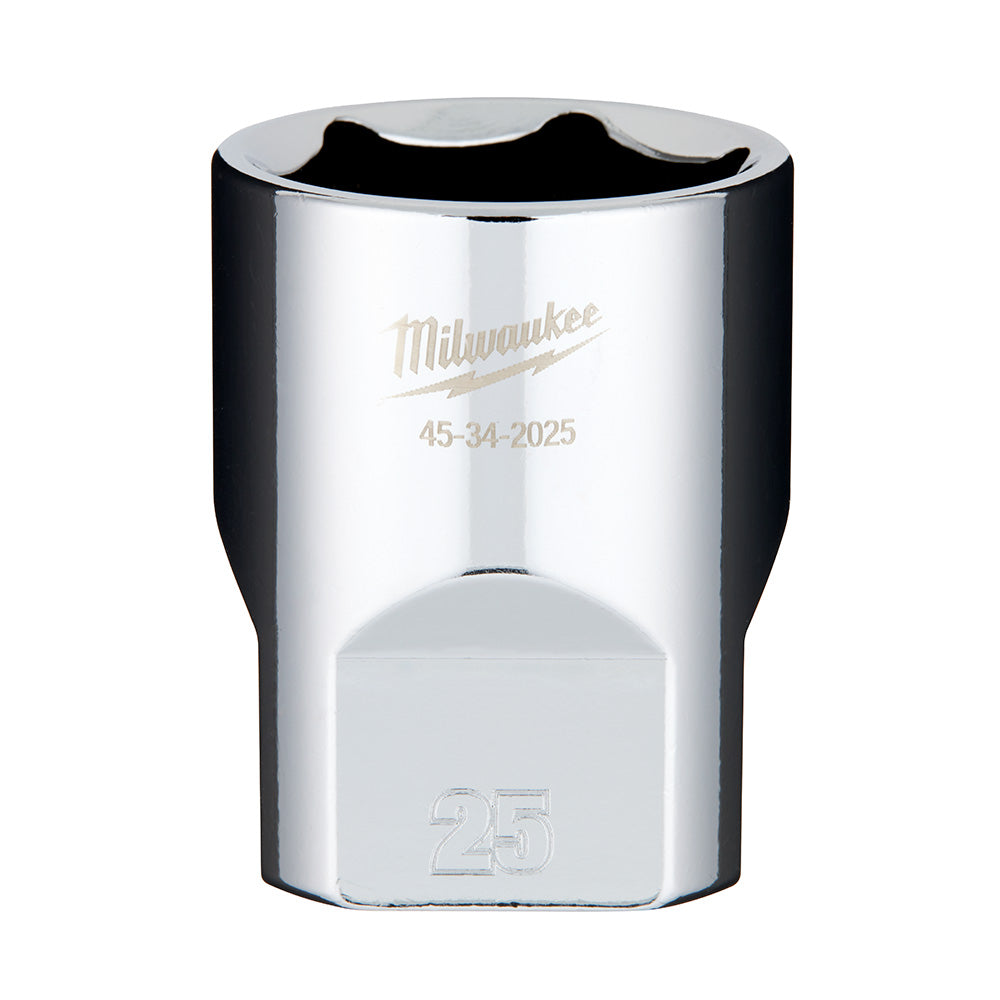 Milwaukee 1/2" drive 25mm chrome socket with model number 45-34-2025 stamped on body.