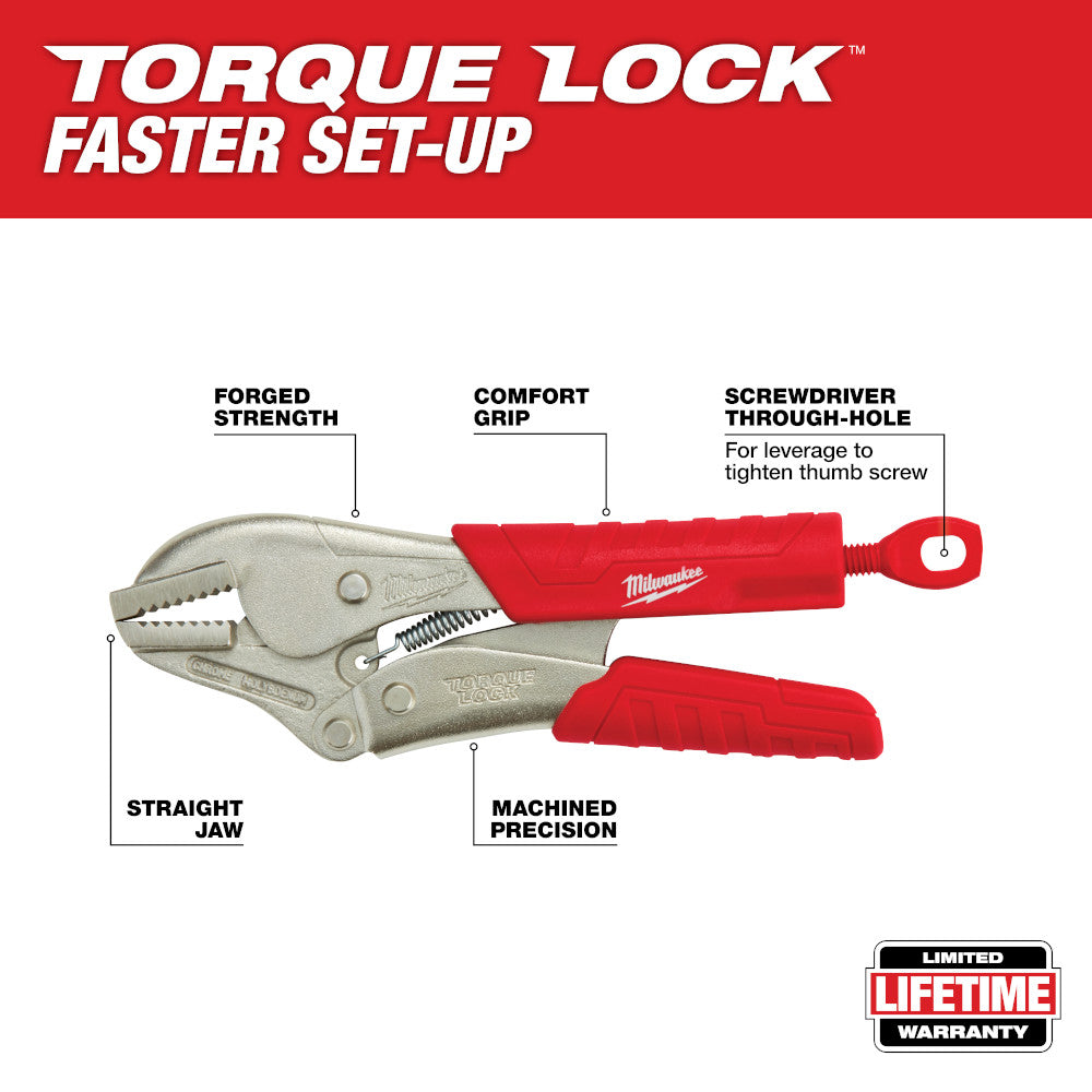 Milwaukee 7-inch straight jaw locking pliers with red comfort grip and screwdriver adjustment hole.