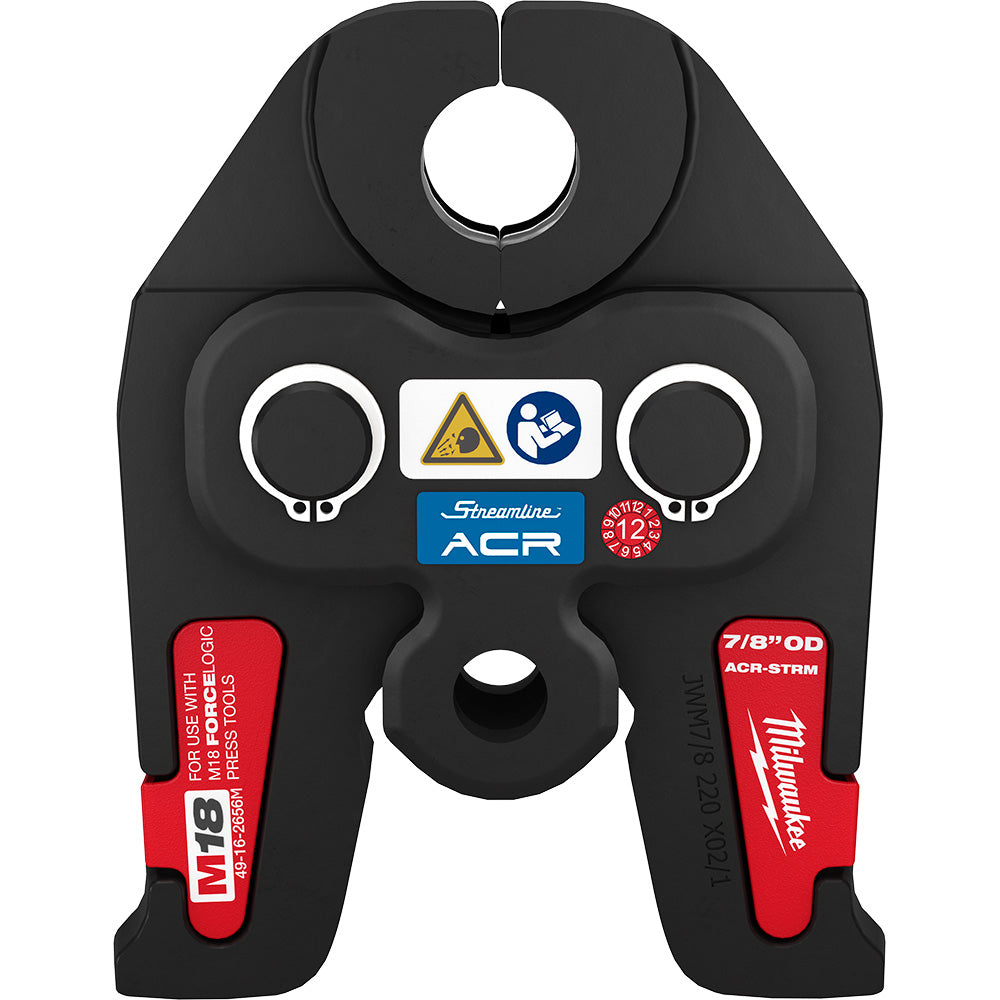 Black and red press jaw with circular opening at top, two side handles, and center oval cutout for 7/8" ACR Streamline tubing