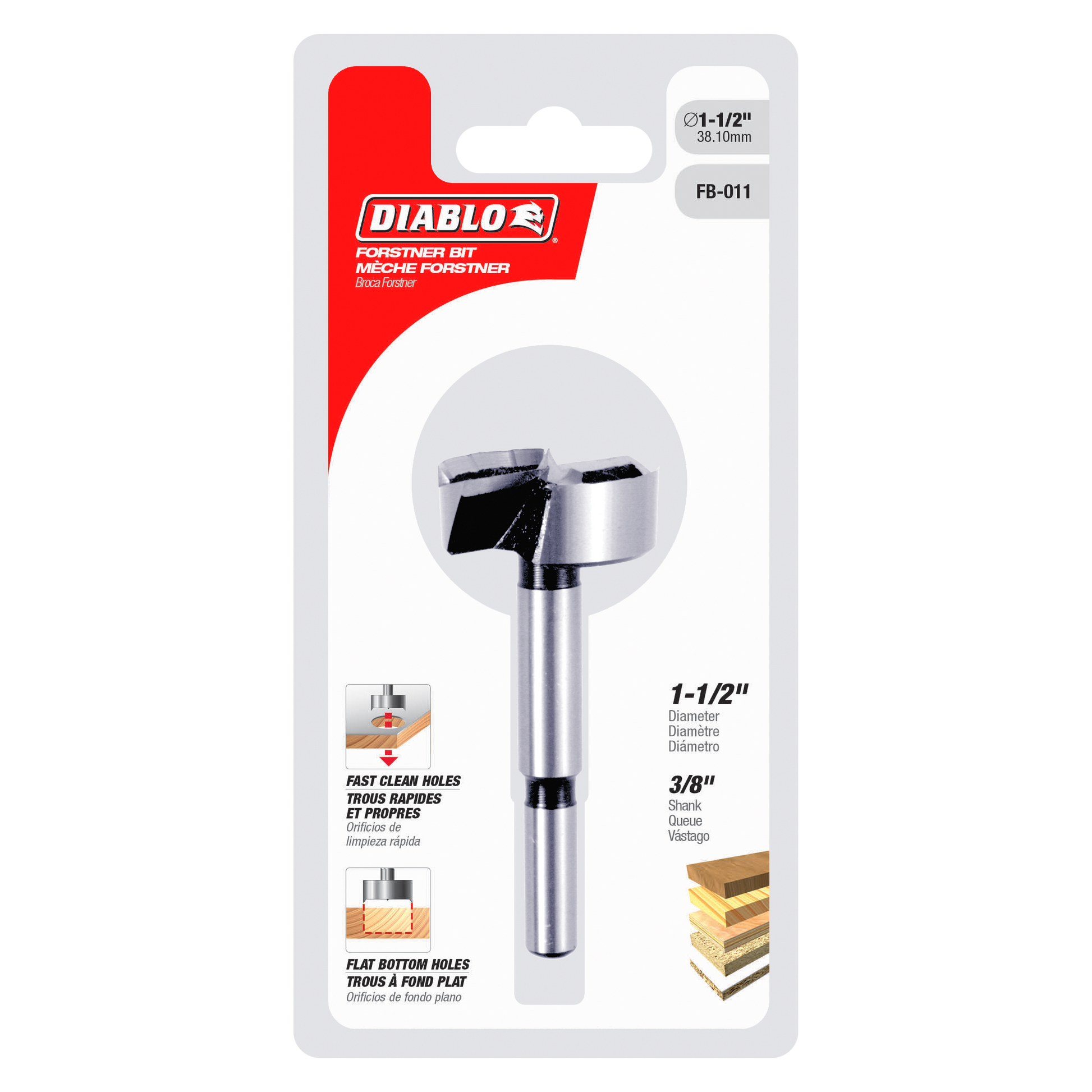 Diablo Forstner bit with silver cylindrical shaft and black cutting head, 1-1/2 inch diameter, on retail packaging.