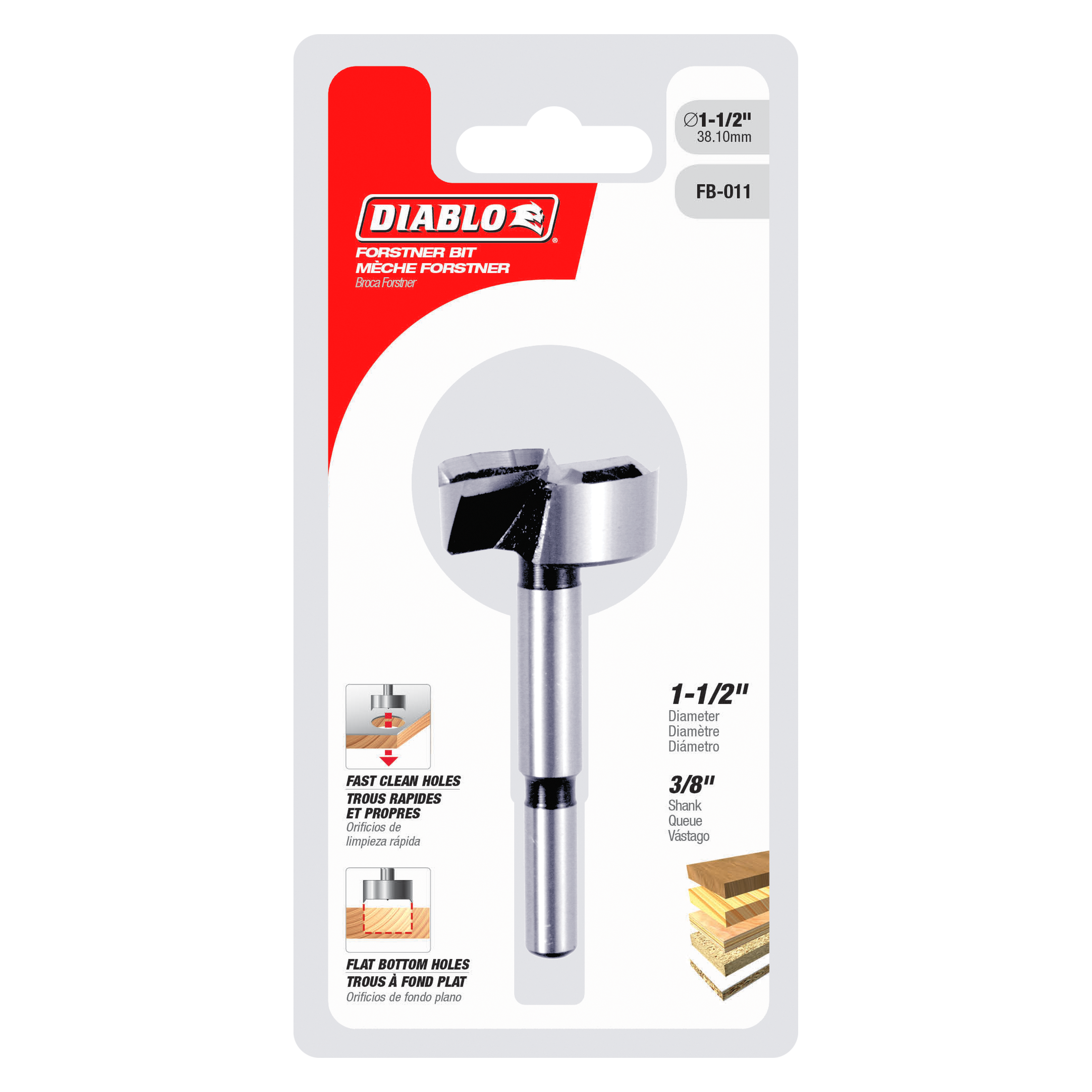 Diablo Forstner bit with silver cylindrical shaft and black cutting head, 1-1/2 inch diameter, on retail packaging.