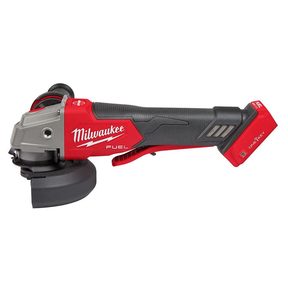 Milwaukee M18 FUEL angle grinder with red and black body, paddle switch, and grinding disc guard.