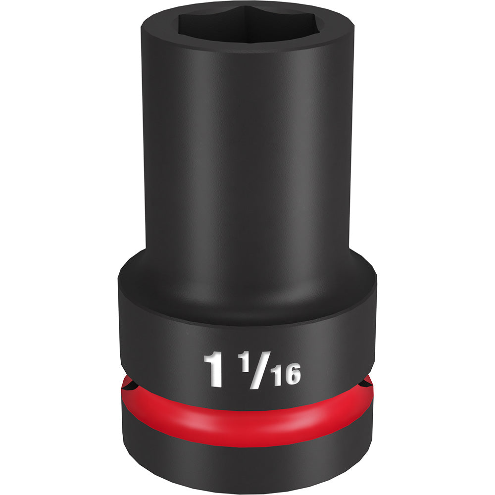 Black socket with red band and "1 1/16" marking, hexagonal opening on top, 1" drive base.
