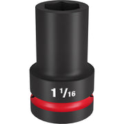 Black socket with red band and "1 1/16" marking, hexagonal opening on top, 1" drive base.