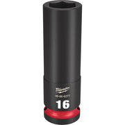 Black Milwaukee 16MM deep socket with hexagonal opening and red grip ring base.