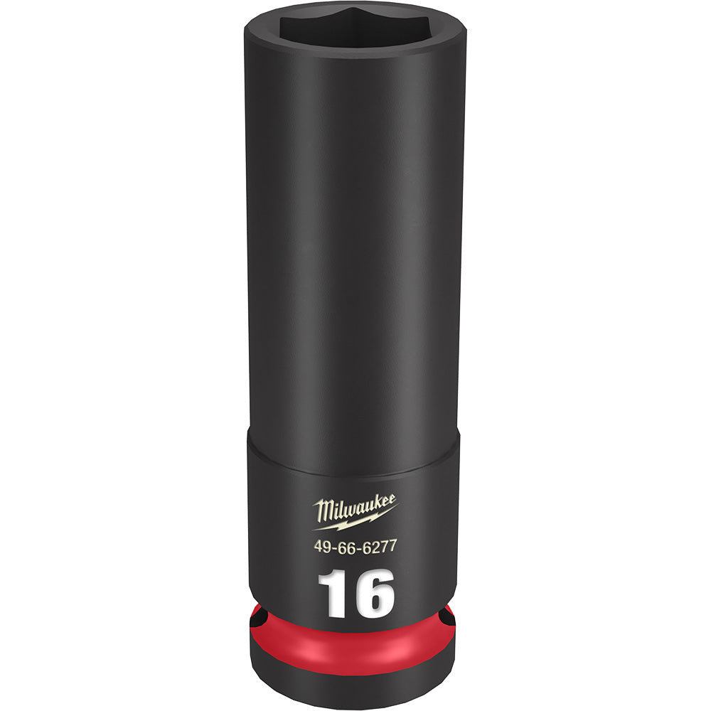 Black Milwaukee 16MM deep socket with hexagonal opening and red grip ring base.