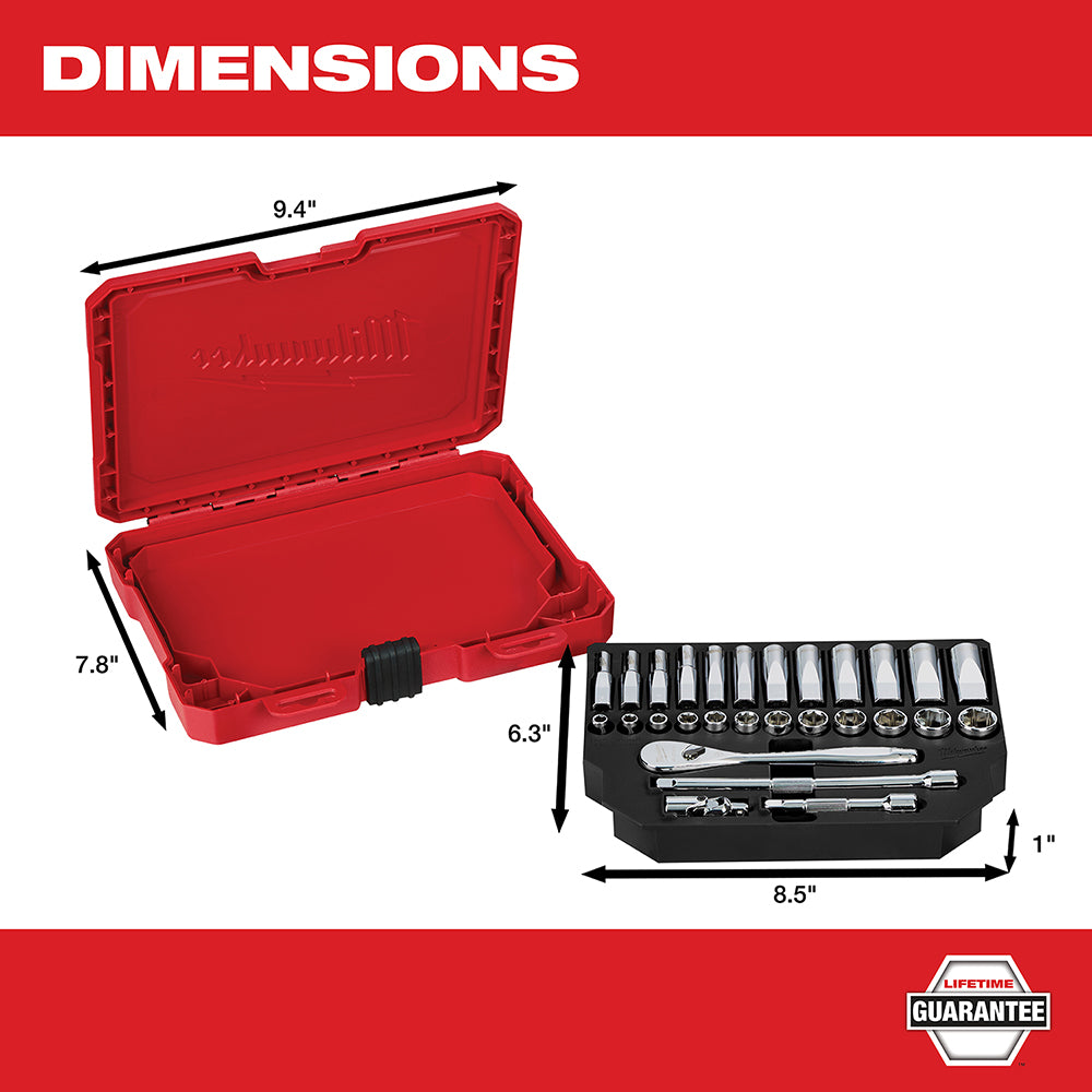 Red plastic case with ratchet and metric socket set displayed, showing dimensions of 9.4" x 7.8" for case and 8.5" x 1" for s