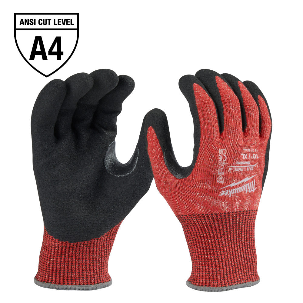 Red and black nitrile-dipped work gloves with ANSI A4 cut level rating shown from palm and back views.