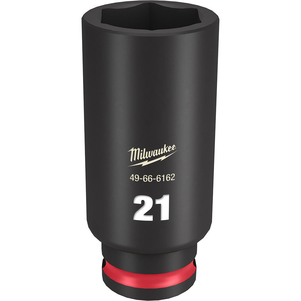 Black cylindrical deep socket with hexagonal opening, Milwaukee branding, model number, and 21MM size marking, red grip band 