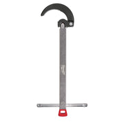 Basin wrench with curved serrated jaw head, long handle, horizontal crossbar, and red base.