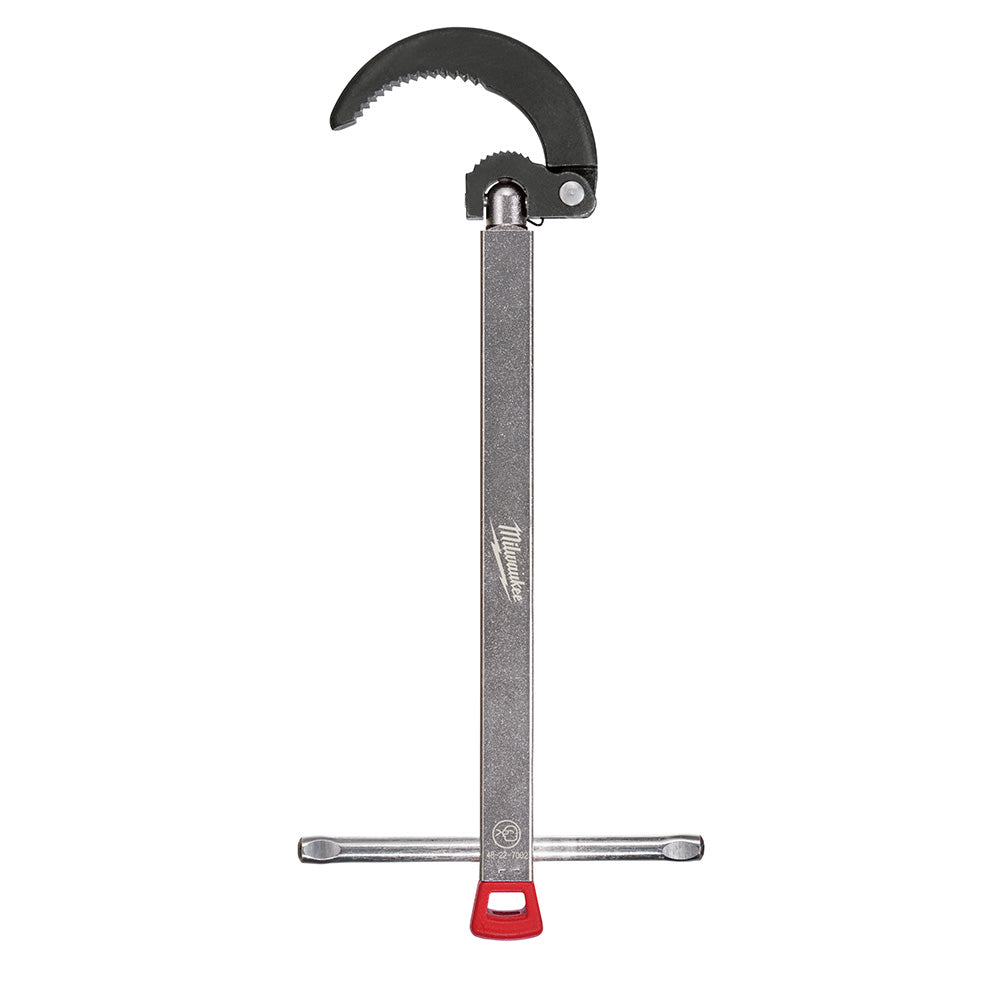 Basin wrench with curved serrated jaw head, long handle, horizontal crossbar, and red base.
