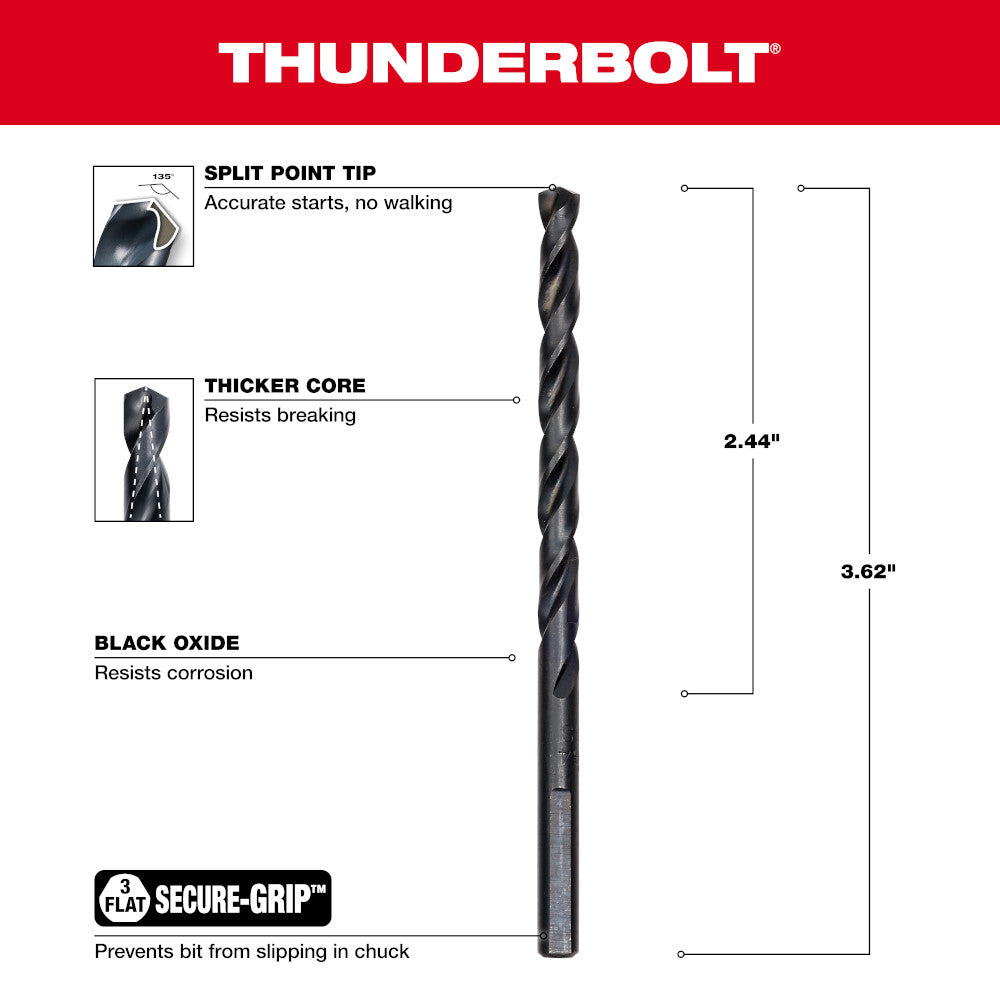 Black oxide spiral drill bit with split point tip, 3/16 inch diameter, 3.62 inches long.
