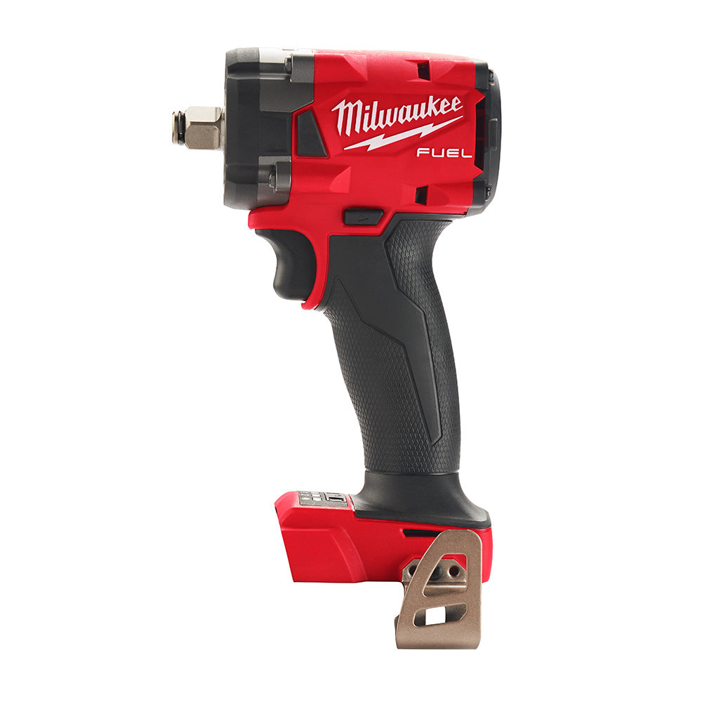 Red and black Milwaukee M18 FUEL compact impact wrench with friction ring socket attachment and black grip handle.
