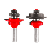 Two router bits with red cutting heads and silver shafts, featuring black hex knobs on top.
