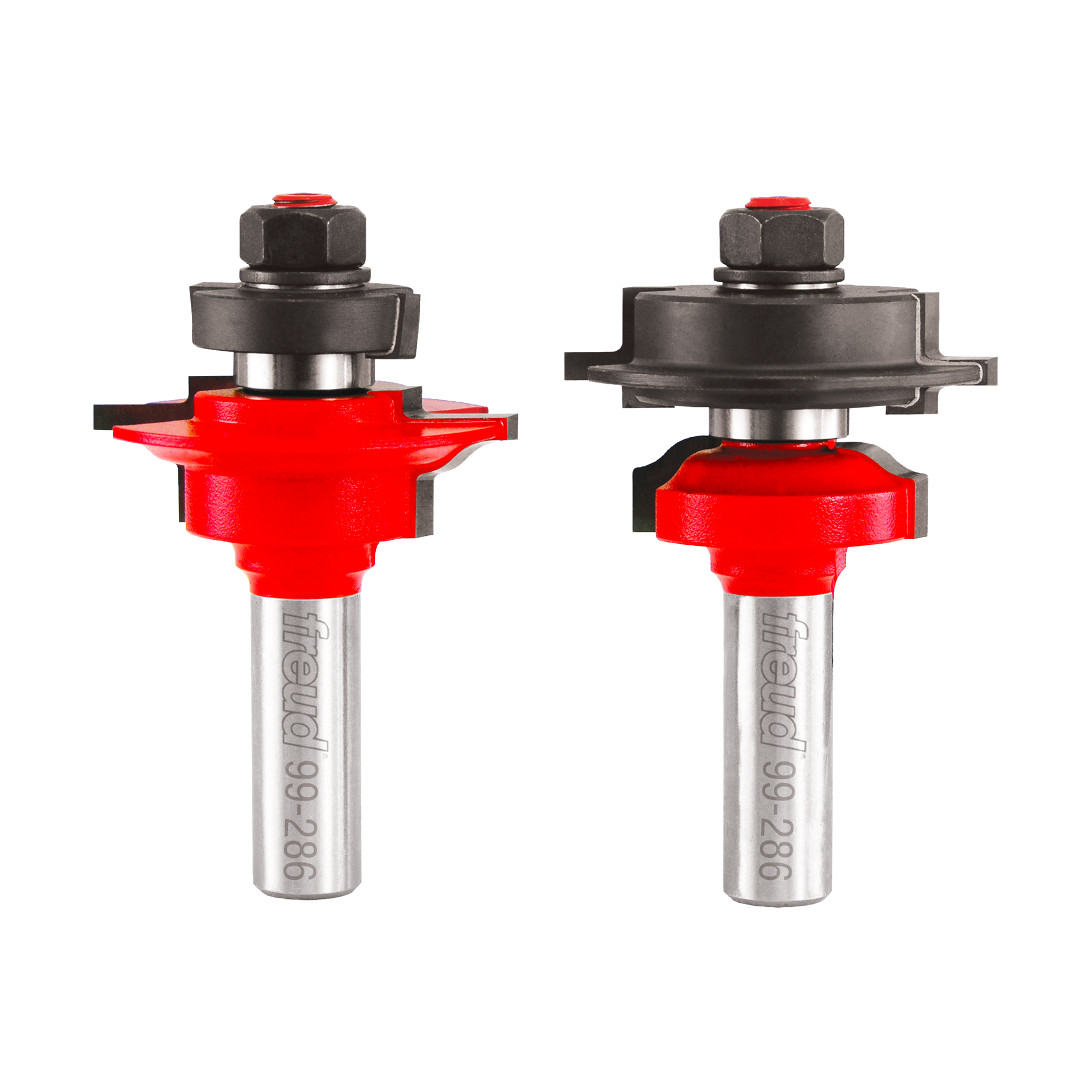 Two router bits with red cutting heads and silver shafts, featuring black hex knobs on top.