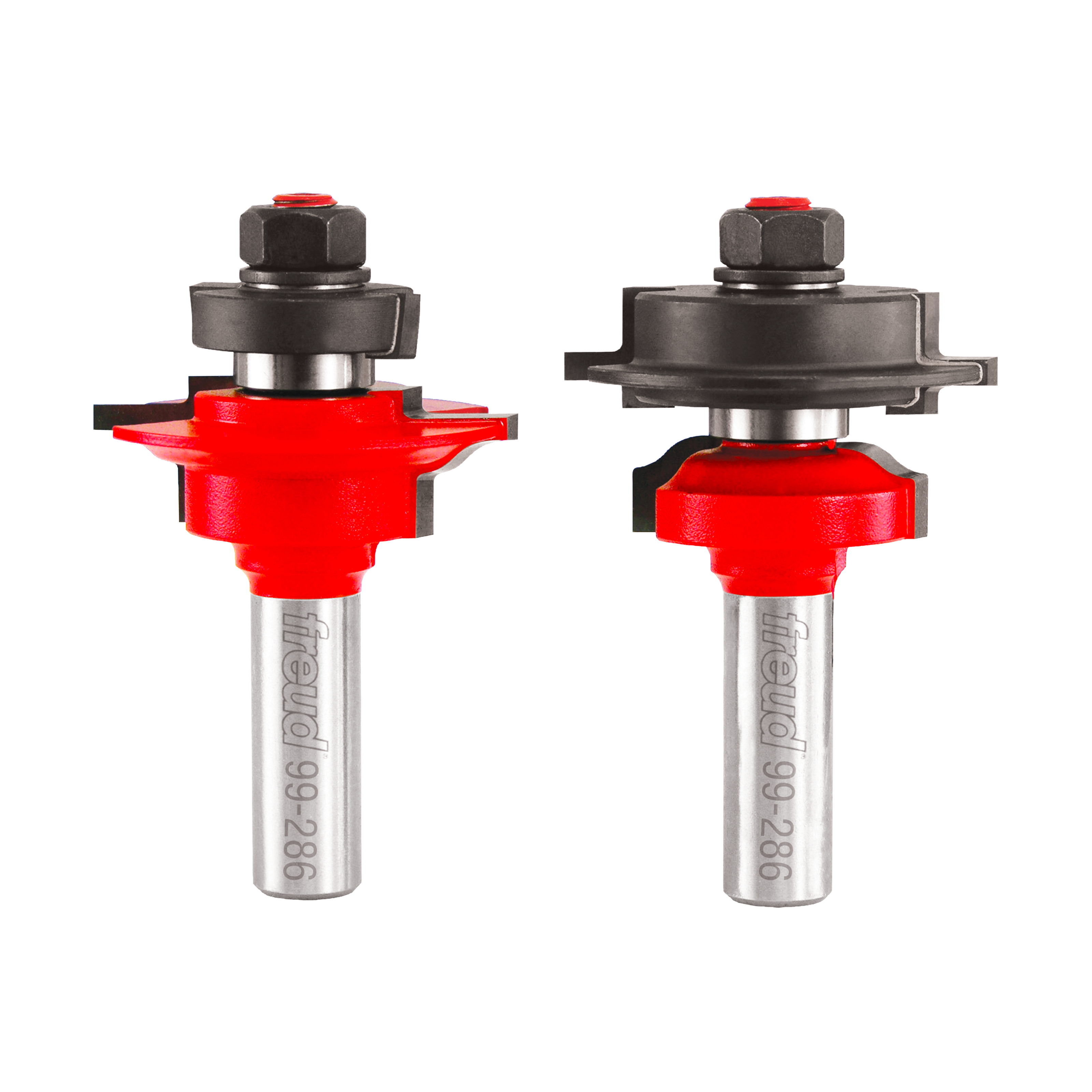 Two router bits with red cutting heads and silver shafts, featuring black hex knobs on top.