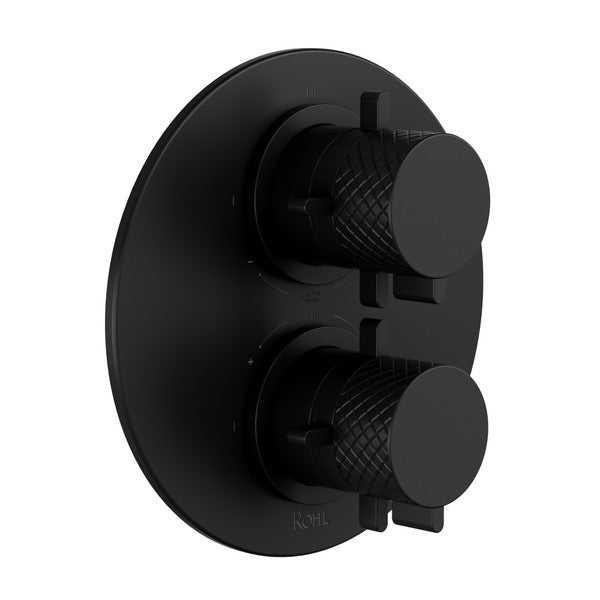 Matte black thermostatic and pressure balance shower trim with two circular knobs and textured handles mounted on round escut