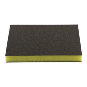 Two-piece sanding sponge with gray abrasive top surface and yellow foam base.