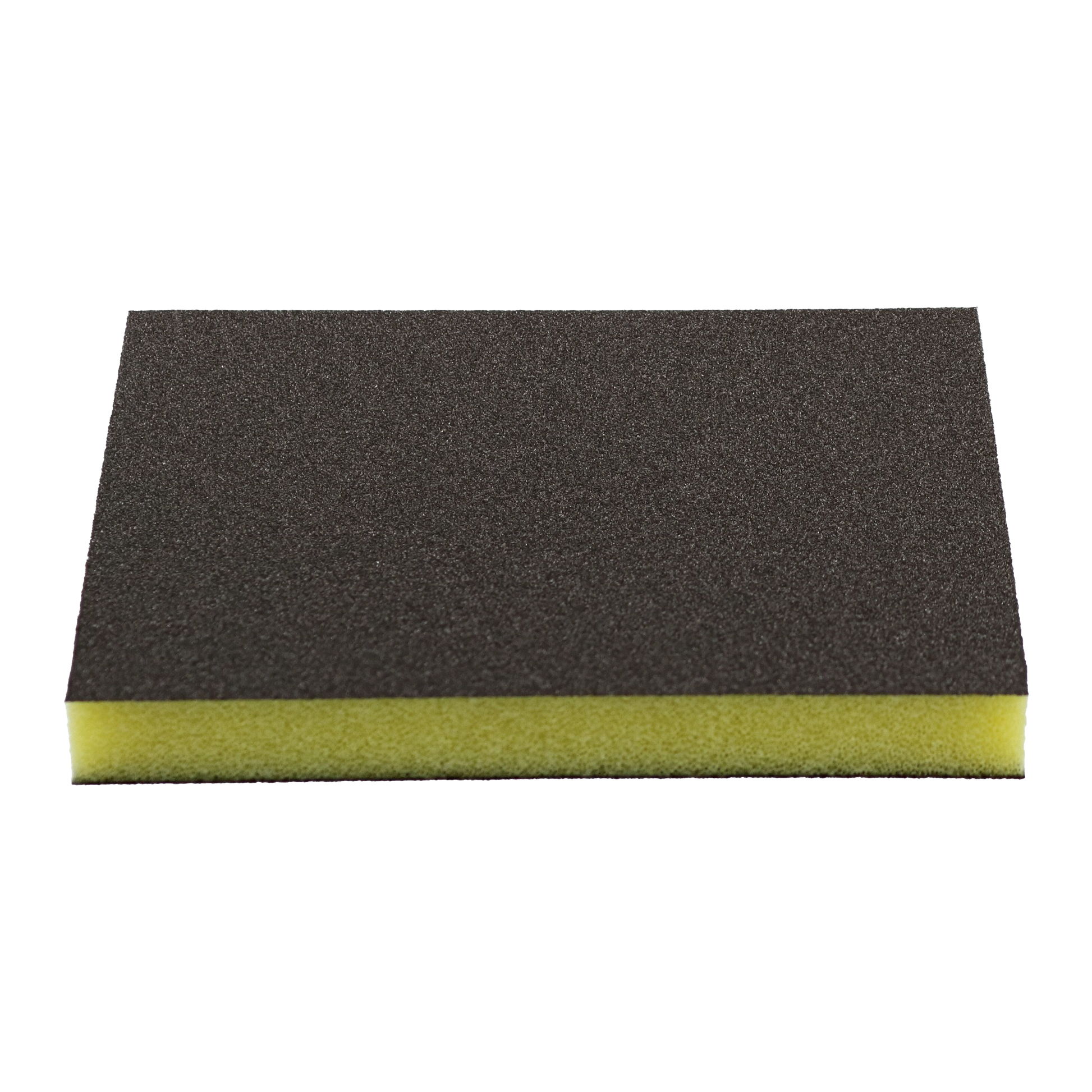 Two-piece sanding sponge with gray abrasive top surface and yellow foam base.