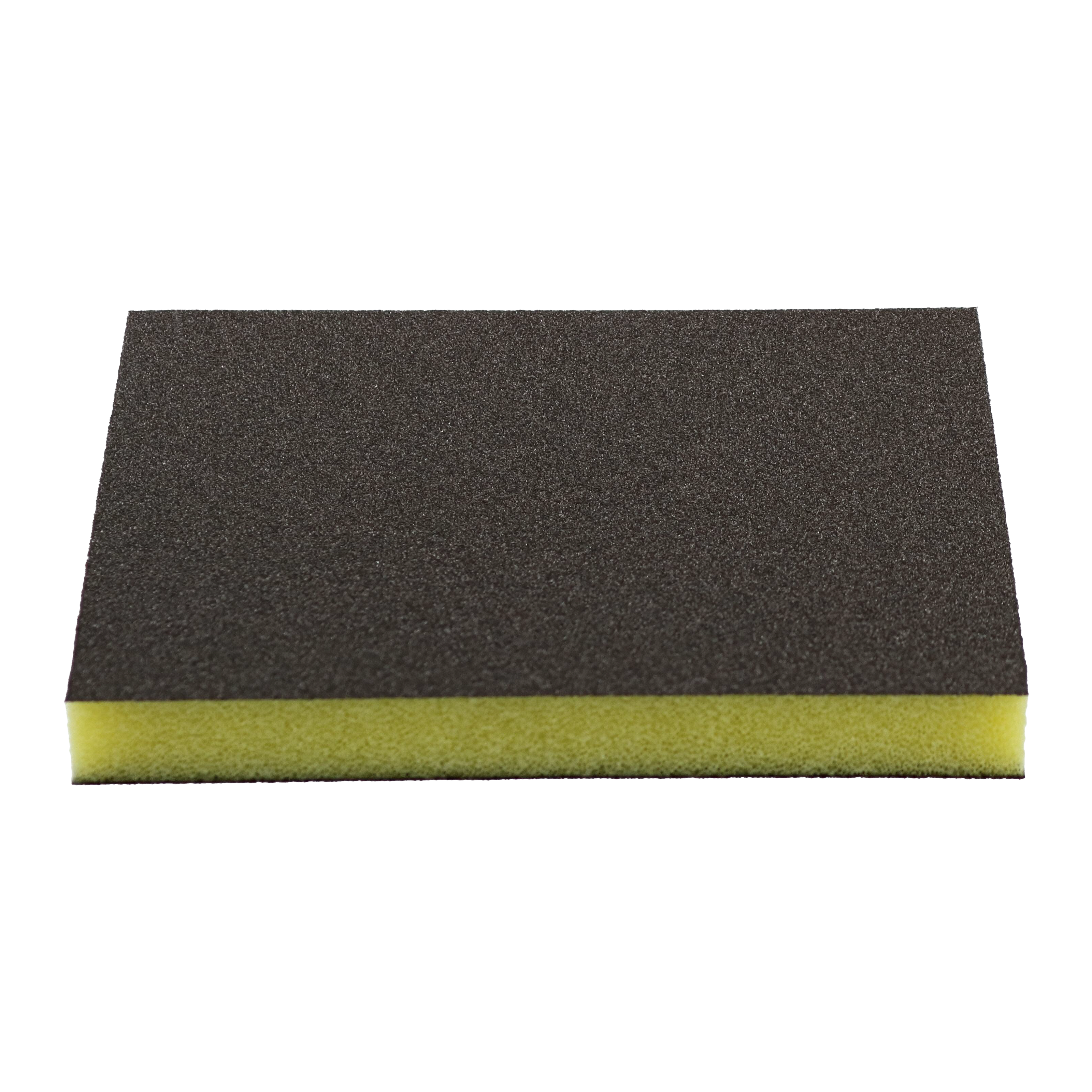 Two-piece sanding sponge with gray abrasive top surface and yellow foam base.