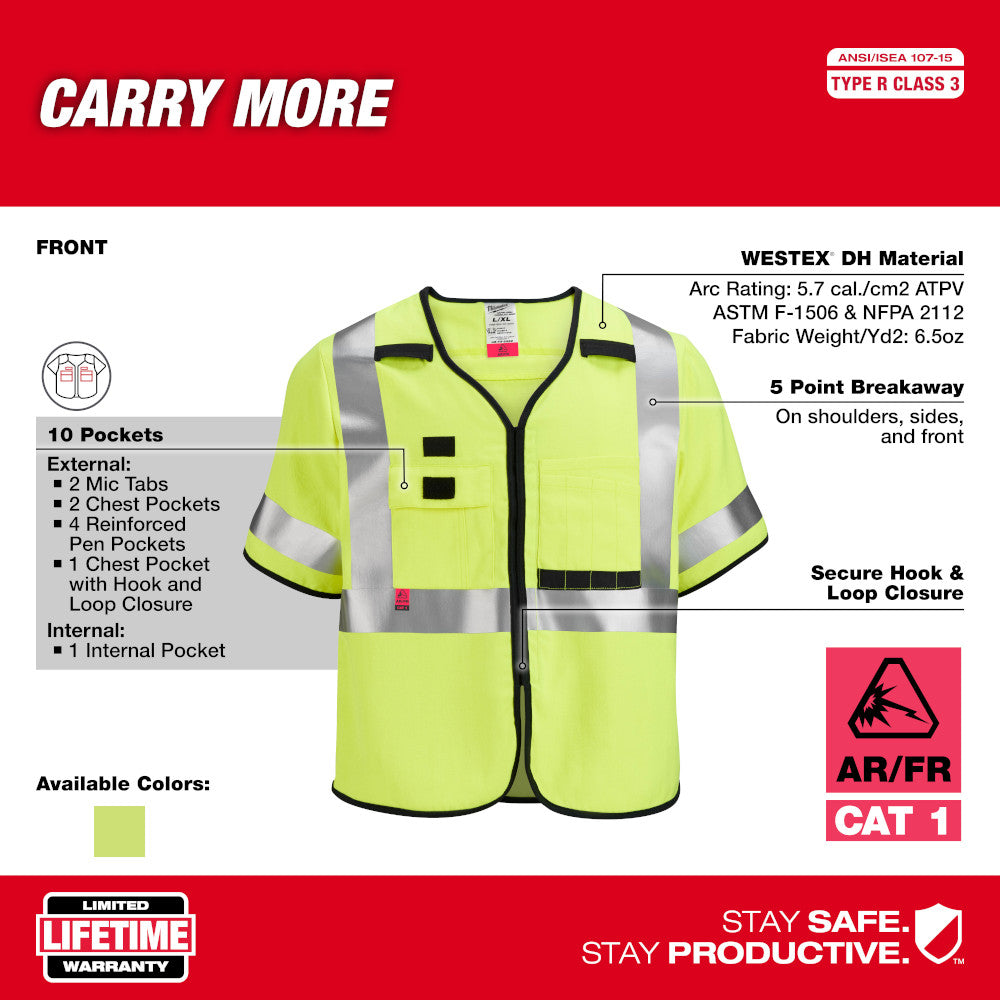 Yellow high-visibility safety vest with reflective silver stripes, black trim, multiple pockets, and hook-and-loop closures.
