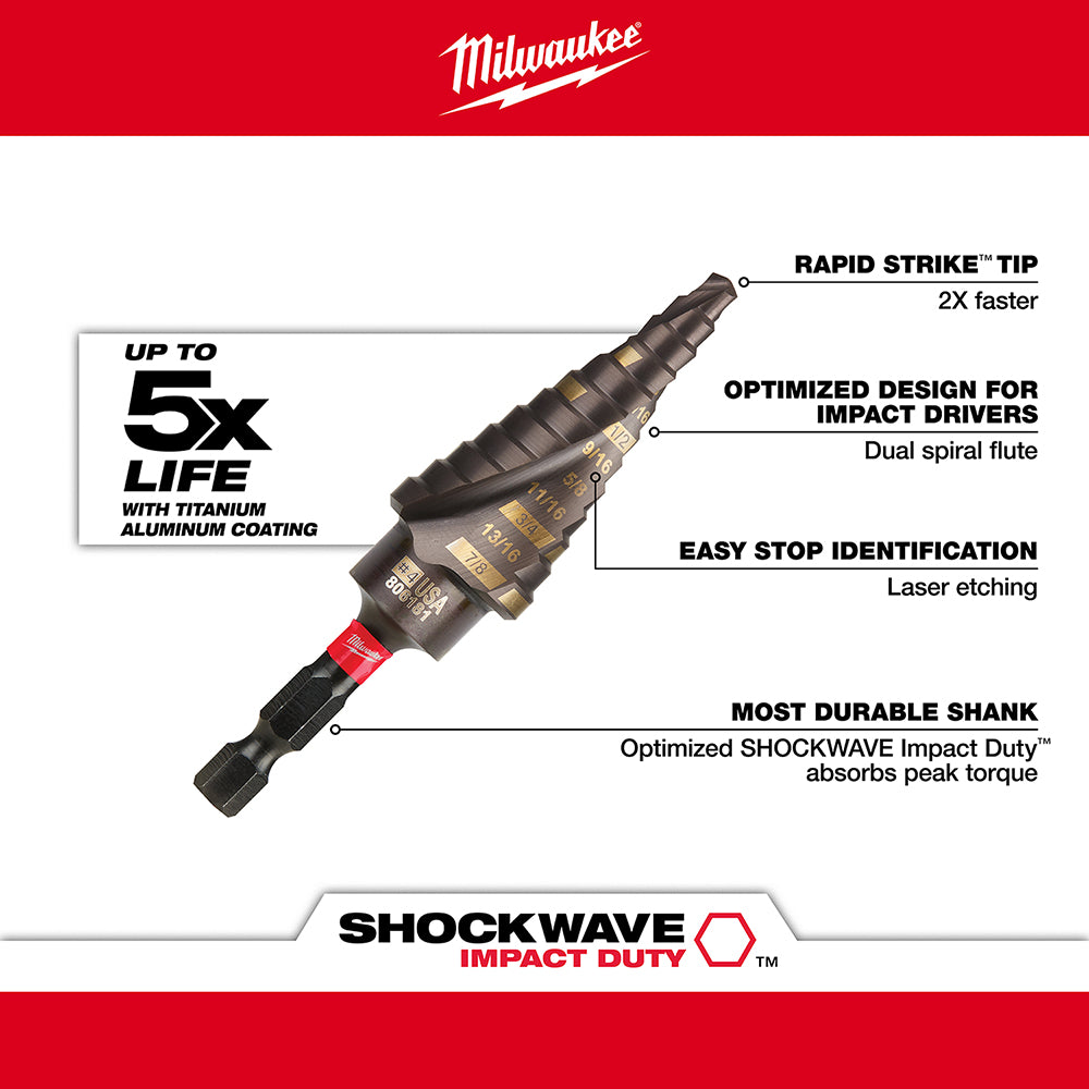 Milwaukee step drill bit with Rapid Strike tip, dual spiral flute design, and black hex shank with red band.