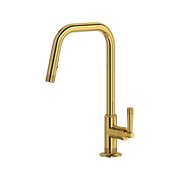 Unlacquered brass pull-down kitchen faucet with U-shaped spout and single lever handle.