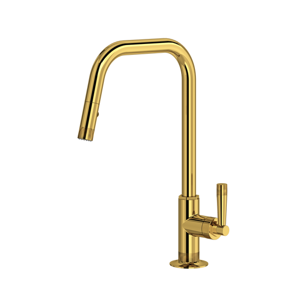 Unlacquered brass pull-down kitchen faucet with U-shaped spout and single lever handle.