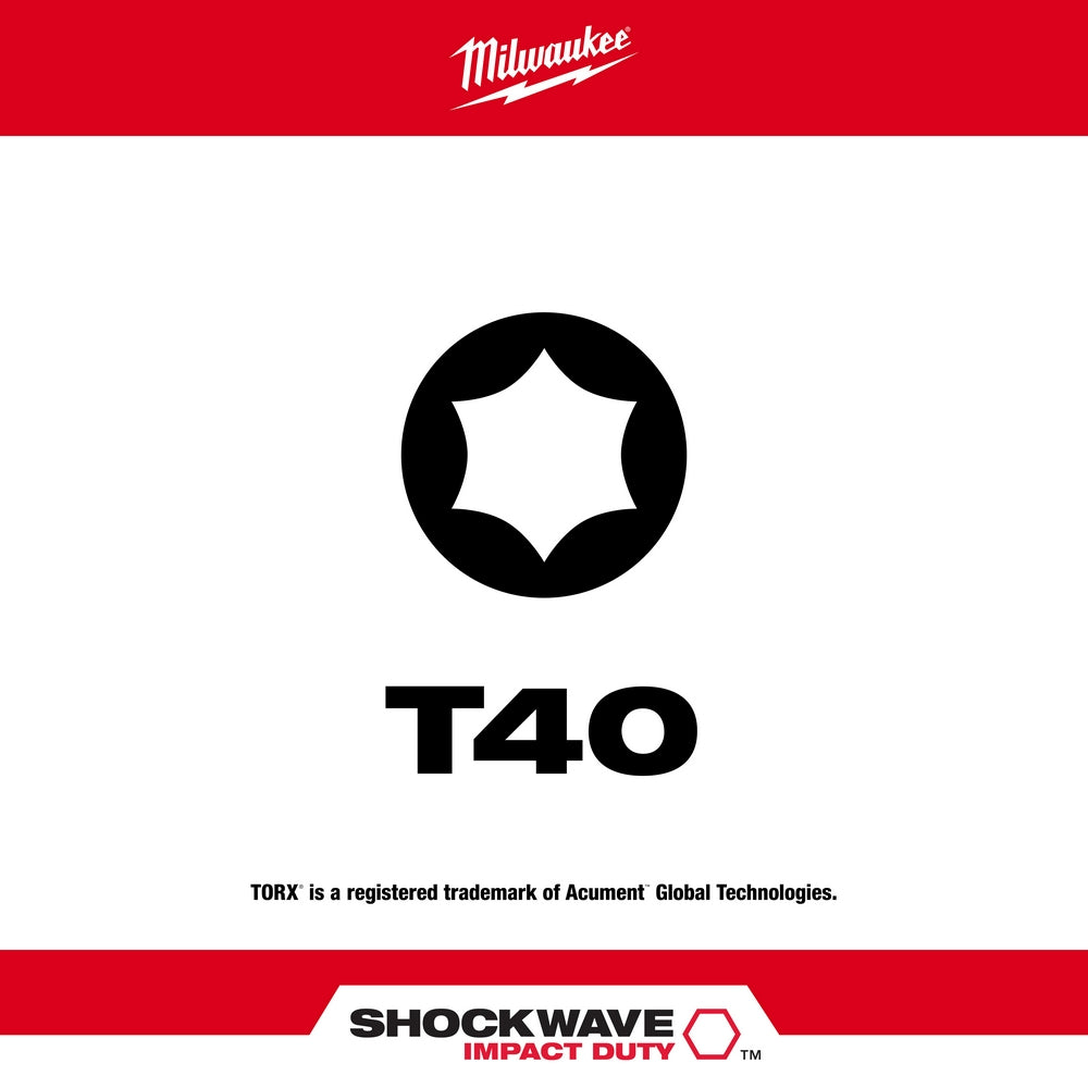 Milwaukee Shockwave T40 Torx impact power bit with six-point star design on white background.