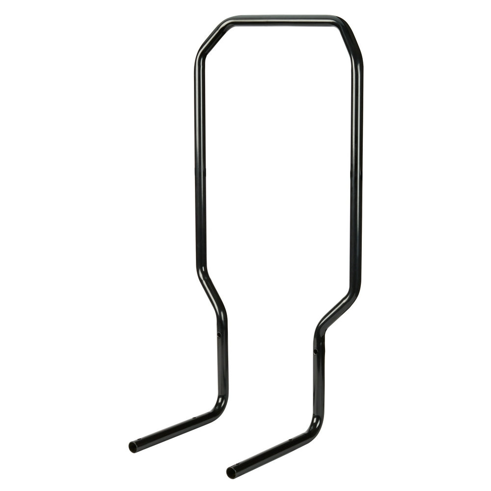 Black metal trolley handle with rounded rectangular top and two downward-extending legs for attachment.