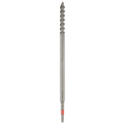 Gray metal drill bit with spiral flutes and red band near the base on white background.