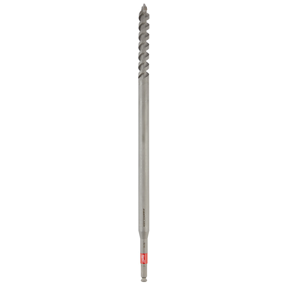 Gray metal drill bit with spiral flutes and red band near the base on white background.