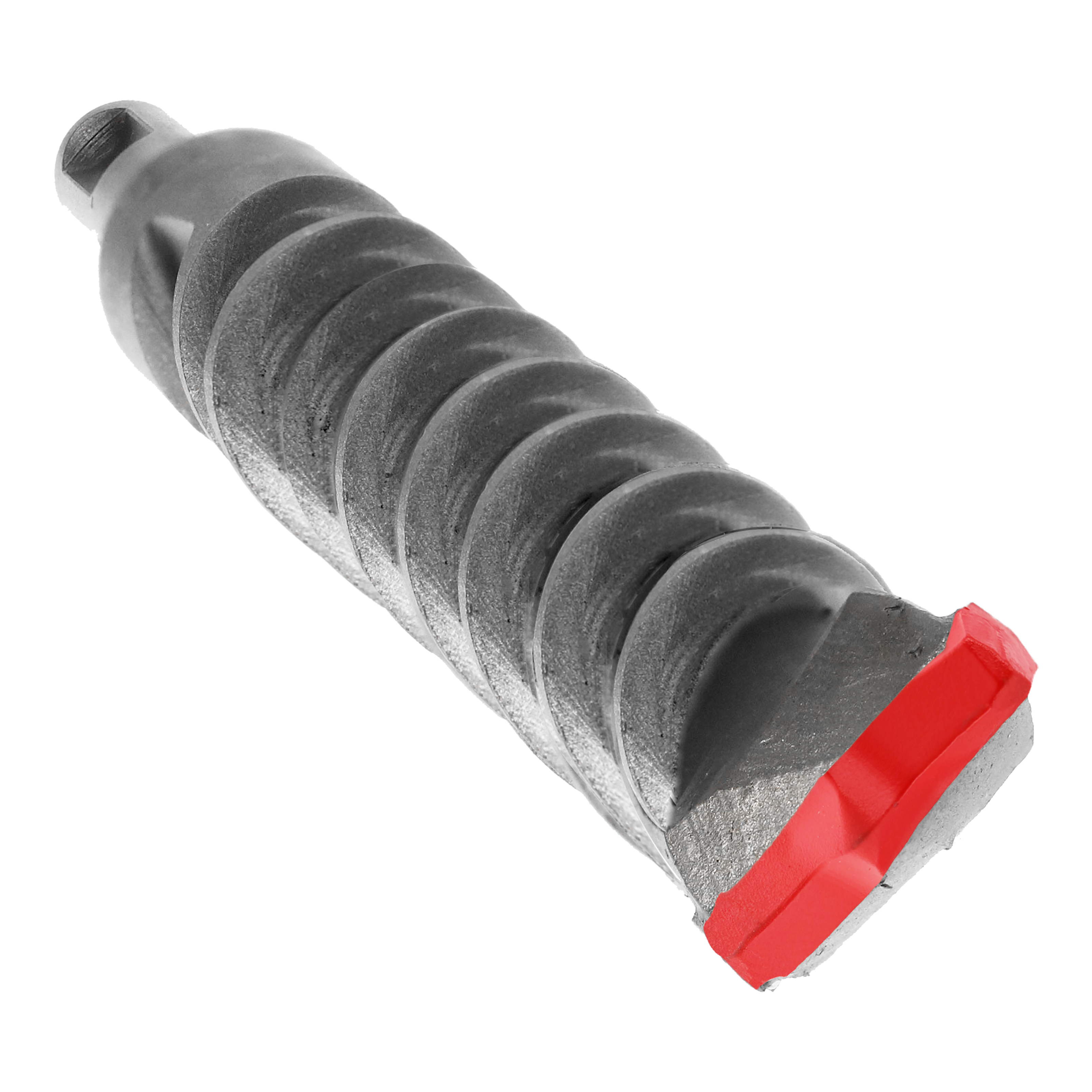 SDS-Plus rotary hammer bit with gray steel fluted body and red plastic end piece.