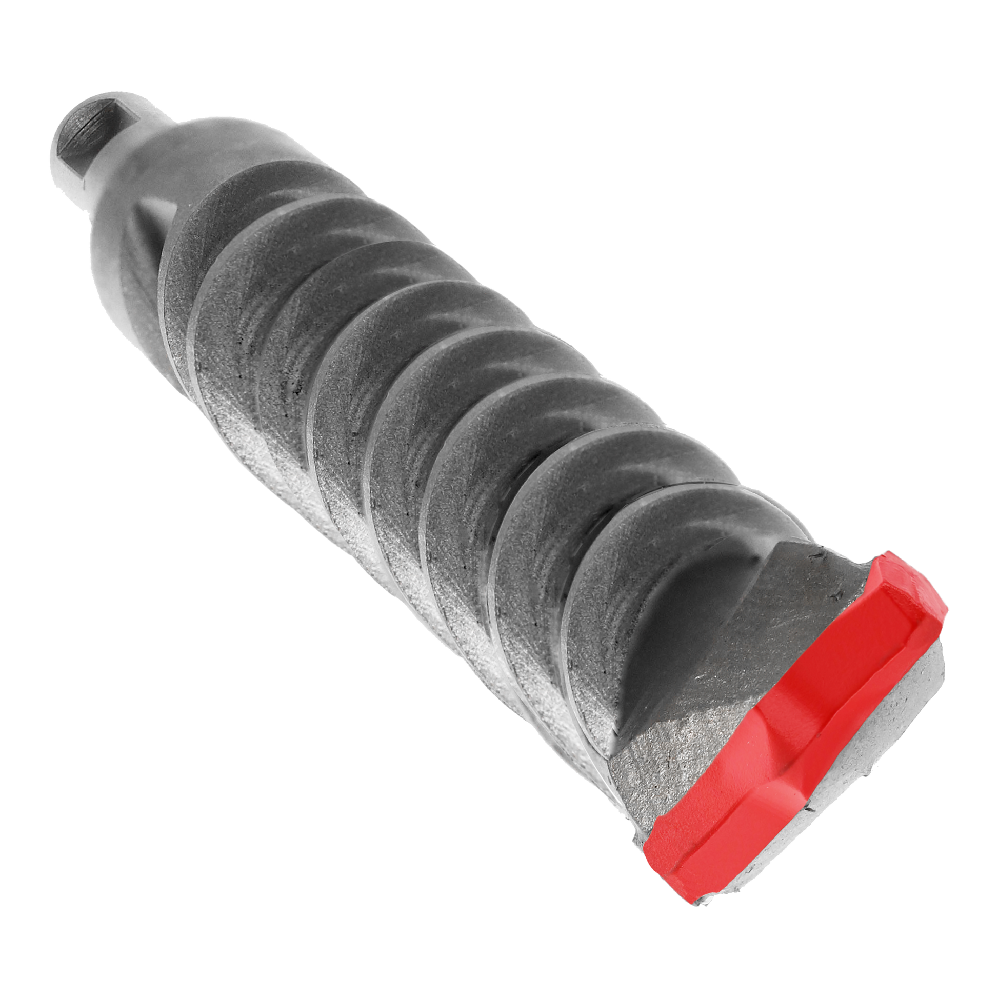 Gray SDS-Plus hammer drill bit with spiral flutes and red end cap on white background.