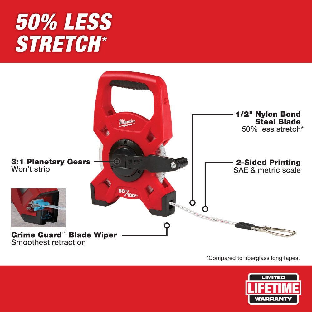 Red Milwaukee open reel tape measure with black handle, 1/2" steel blade, and dual-scale markings.