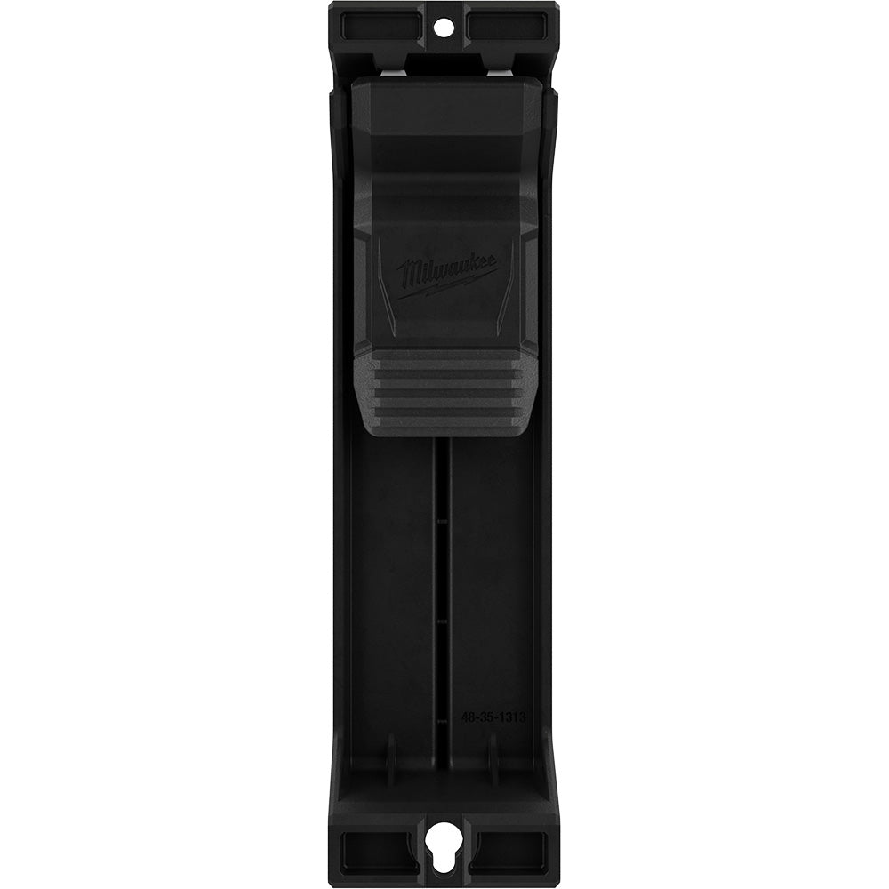 Black plastic Milwaukee laser track clip with mounting holes at top and bottom and central slot for attachment.