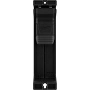 Black plastic Milwaukee laser track clip with mounting holes at top and bottom and central slot for attachment.