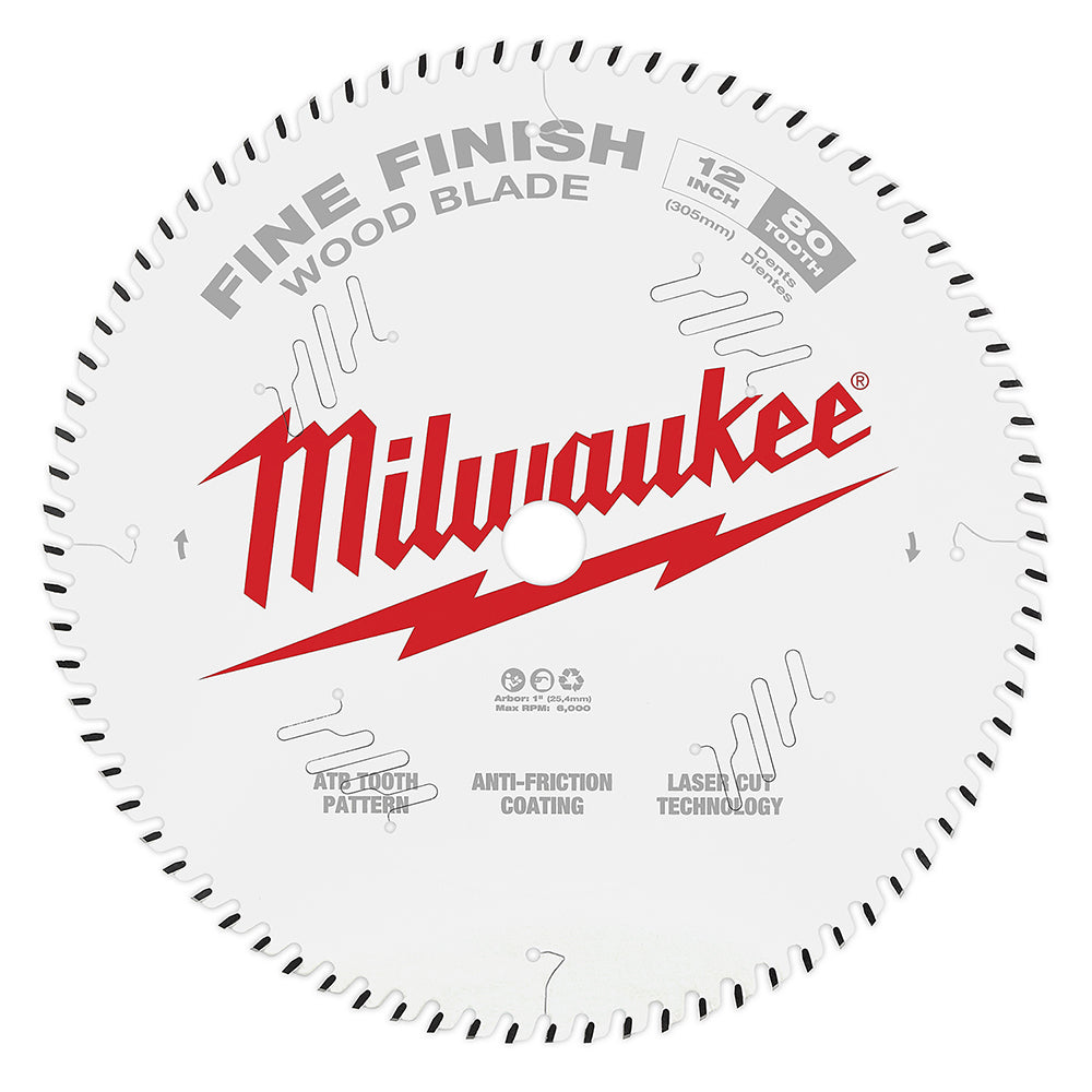 Milwaukee 12 inch 80-tooth fine finish wood circular saw blade with anti-friction coating and laser cut technology.