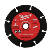 Milwaukee 3-inch carbide abrasive blade with red center hub, black cutting surface, and white mounting posts for drywall and 