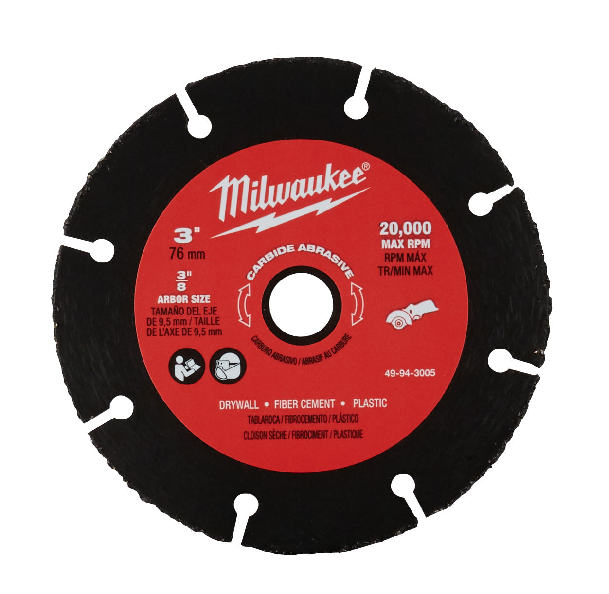 Milwaukee 3-inch carbide abrasive blade with red center hub, black cutting surface, and white mounting posts for drywall and 