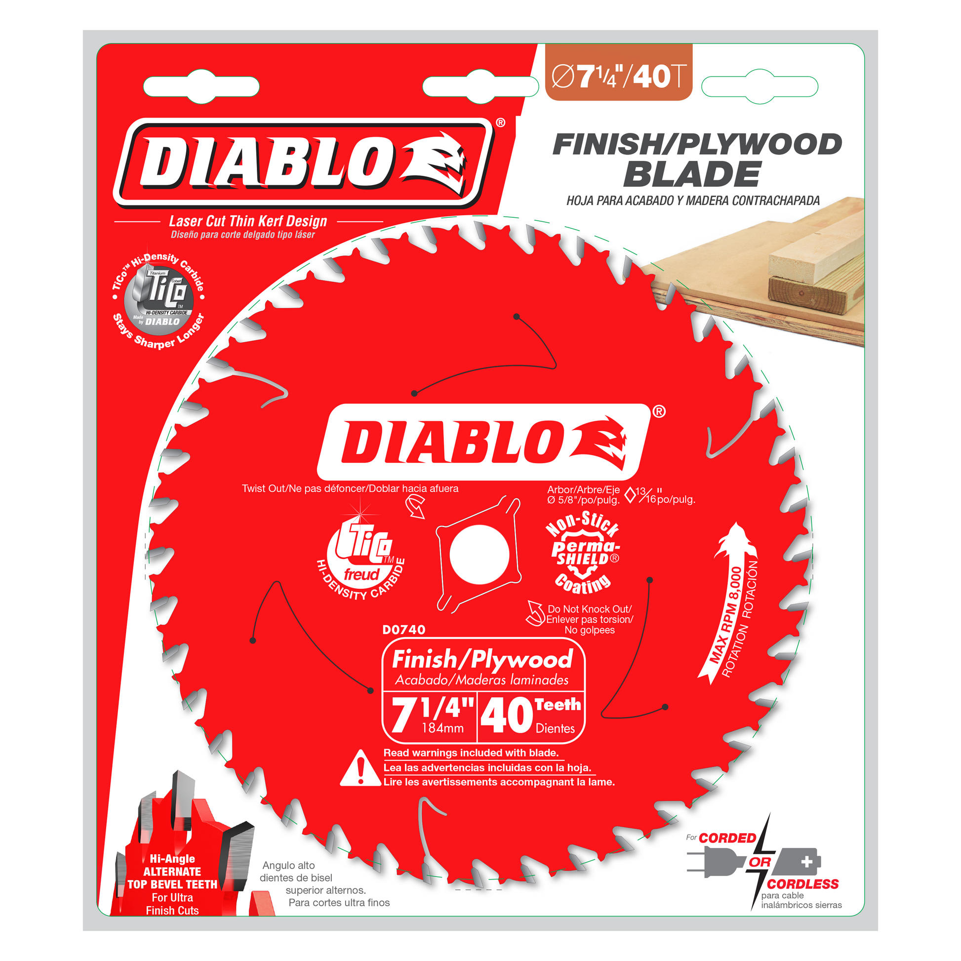 Red Diablo circular saw blade with 40 teeth on packaging, labeled 7-1/4" finish/plywood blade.