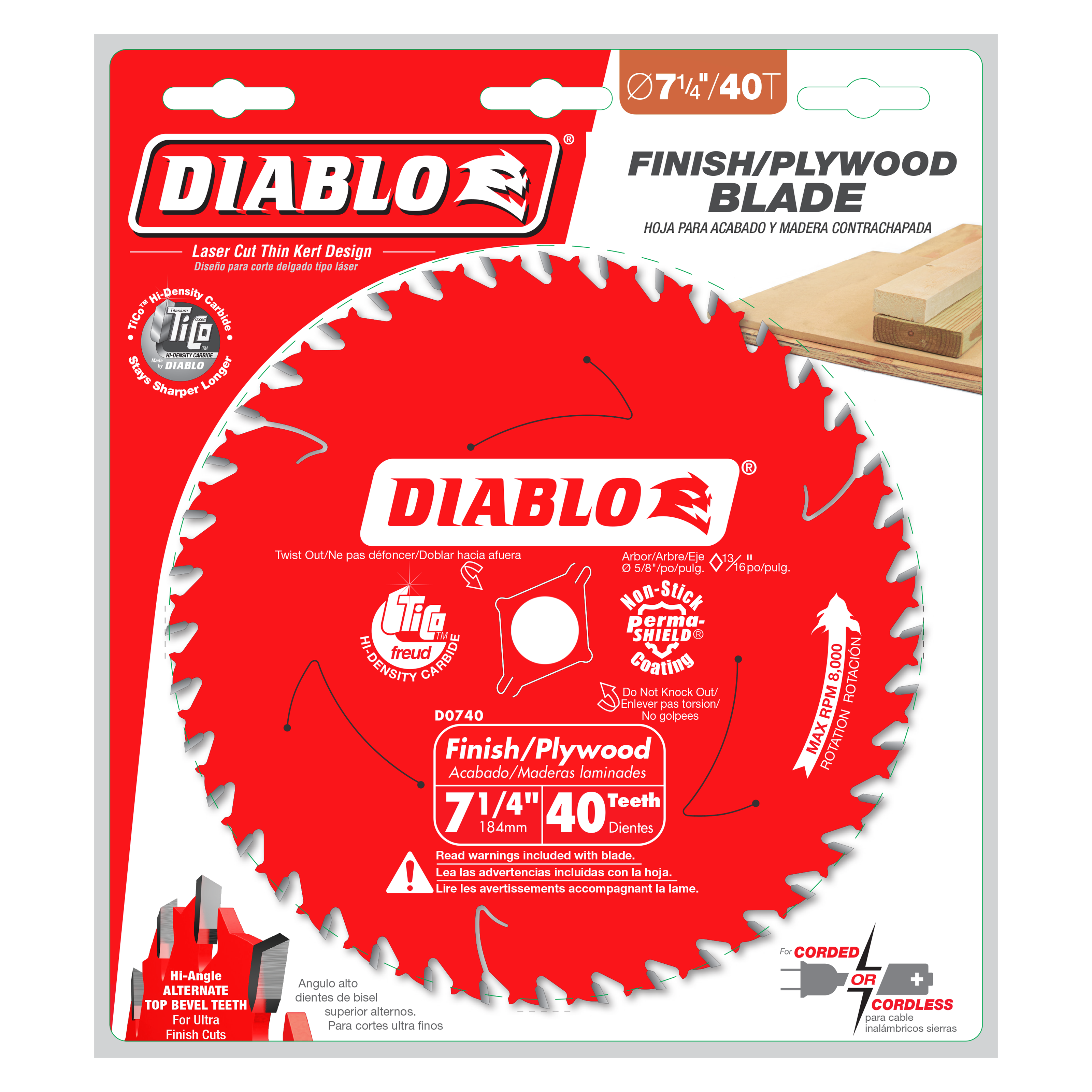 Red Diablo circular saw blade with 40 teeth on packaging, labeled 7-1/4" finish/plywood blade.