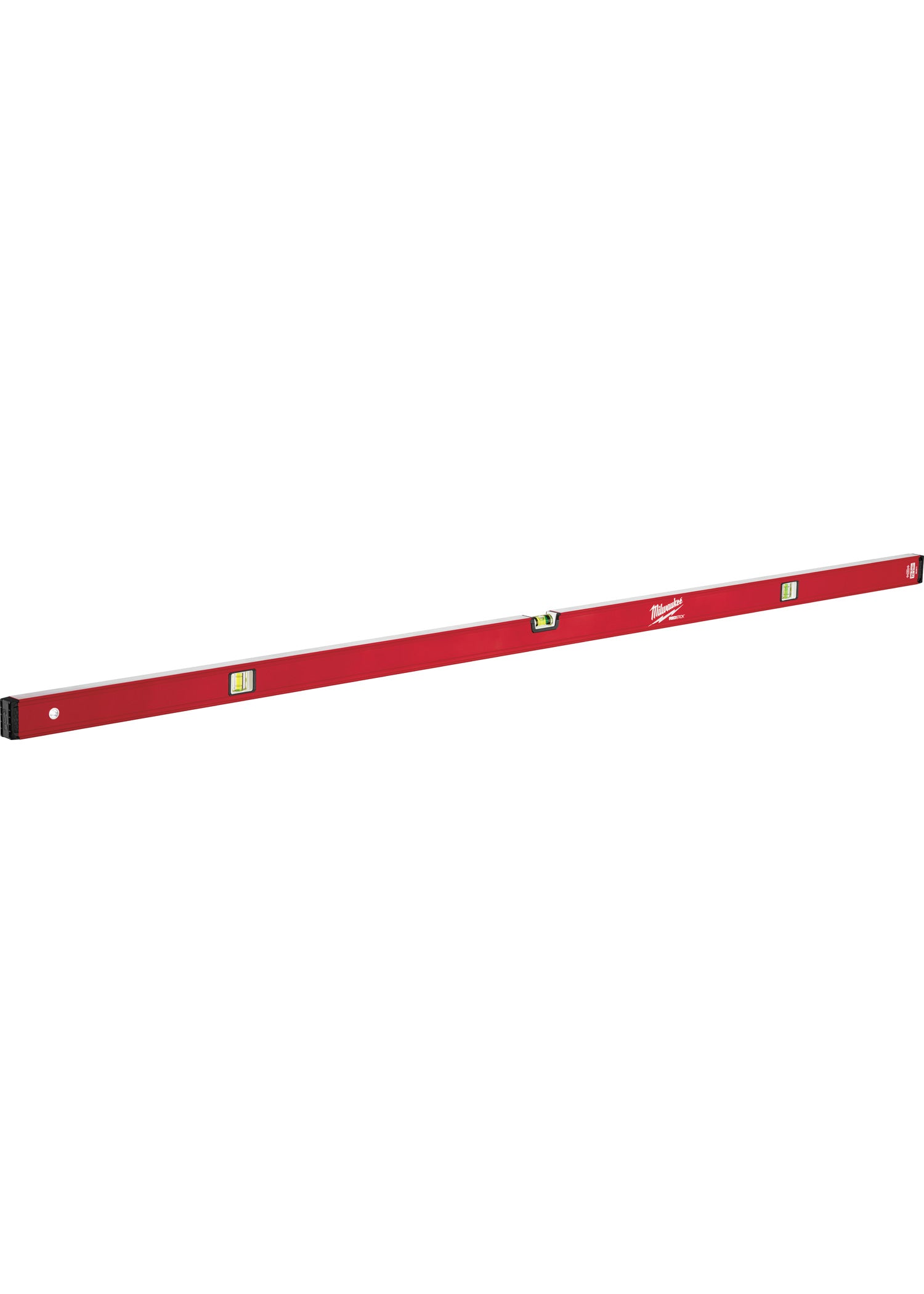 Red REDSTICK box level with multiple spirit vials and Milwaukee branding along the length.
