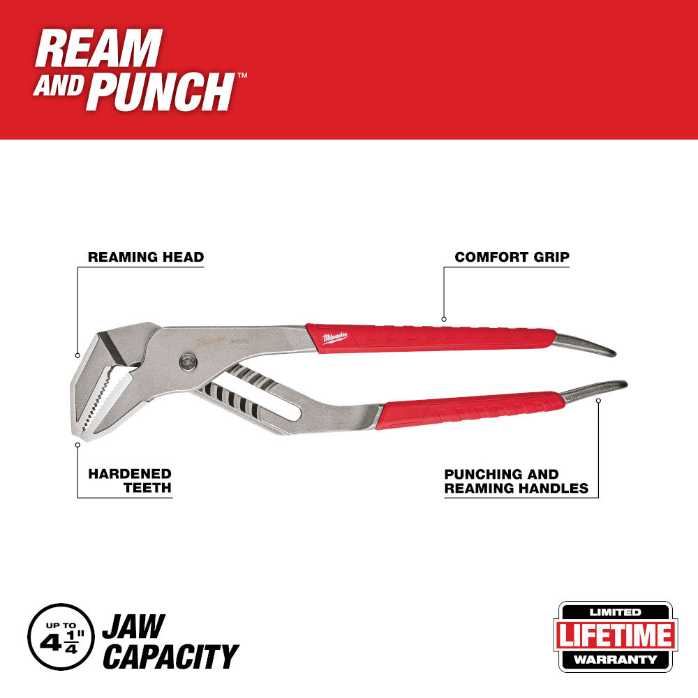 Milwaukee 12" straight jaw pliers with red comfort grip handles, metal reaming head, and hardened teeth.